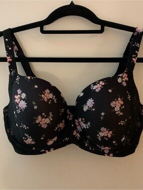 Secret Treasures Black Floral T-Shirt Bra with Pink Accents